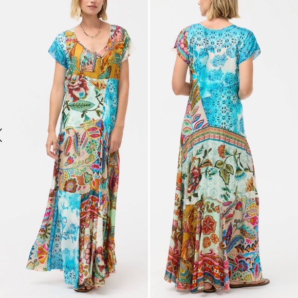 JOHNNY WAS Patchwork Short Sleeve Silk Maxi Dress in Gillian Mix - Picture 2 of 10